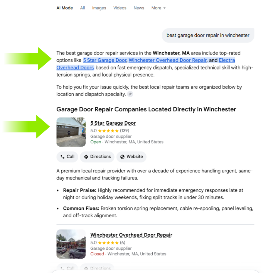 Google AI Mode recommending 5 Star Garage Door