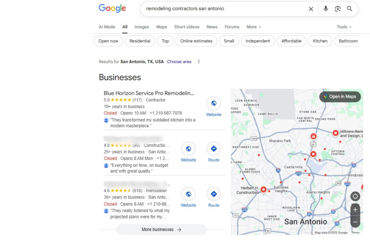 Blue Horizon Remodeling appearing in the Google local pack