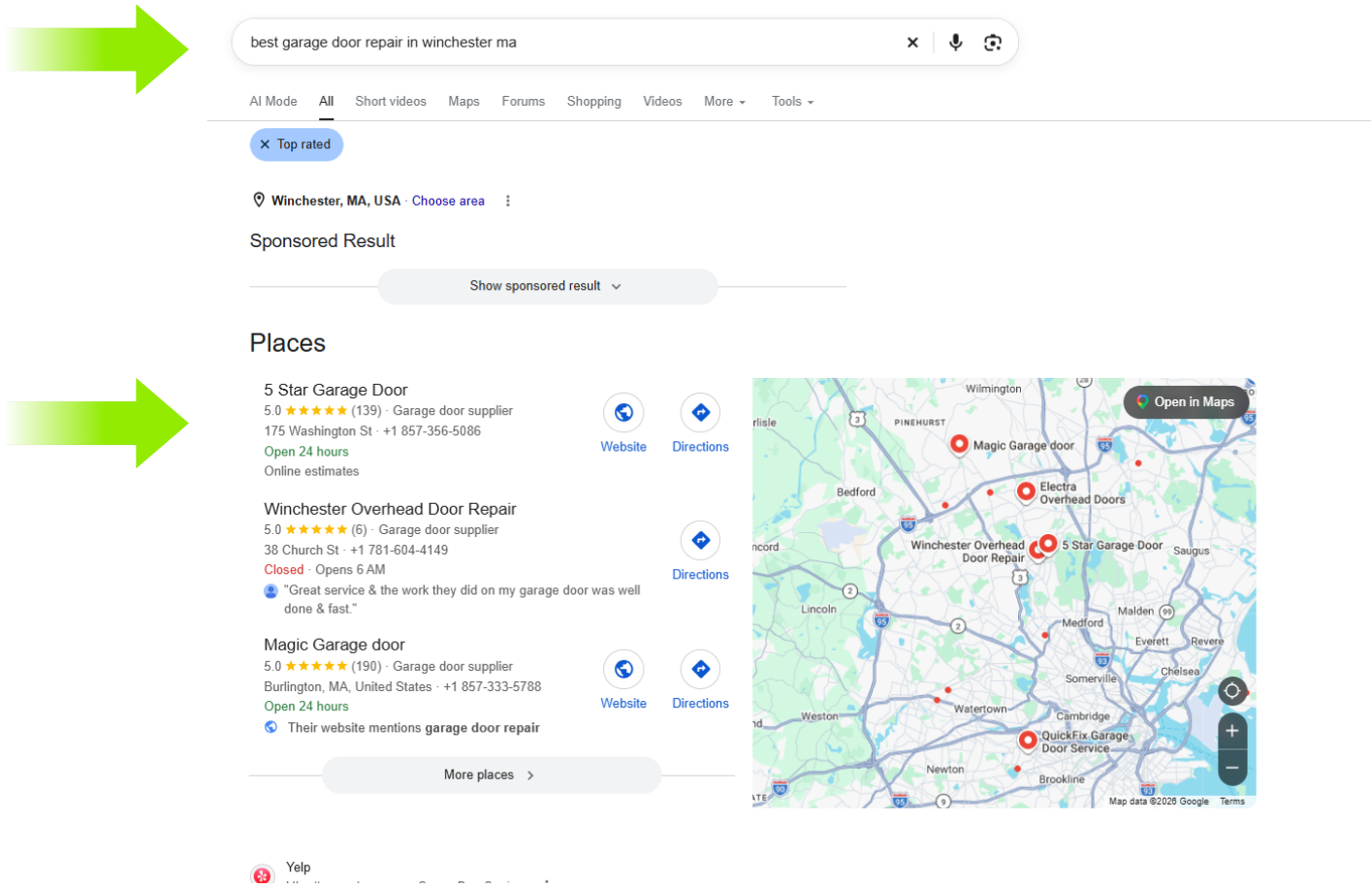 5 Star Garage Door appearing in the Google local 3-pack