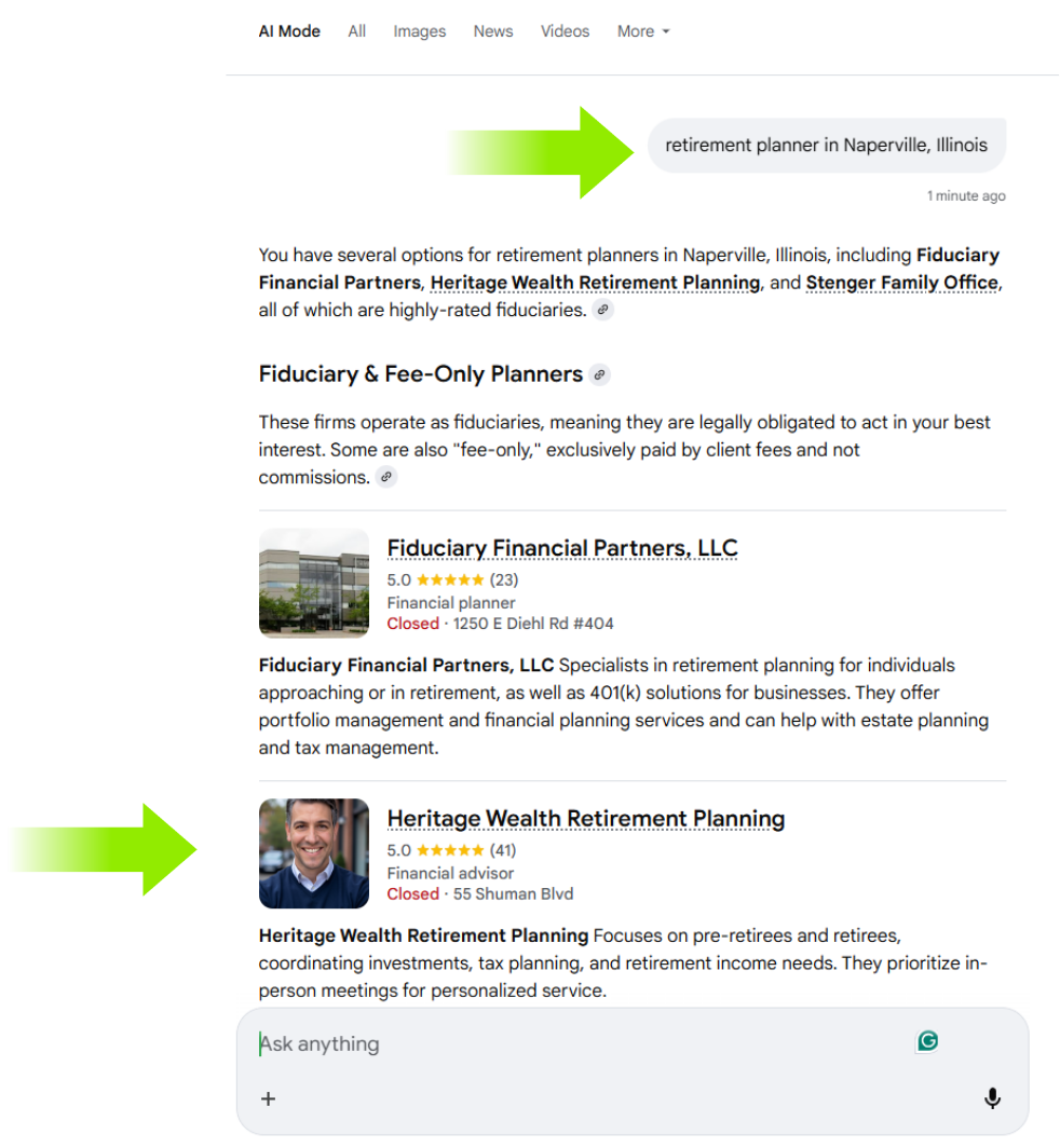 Google AI Mode mentioning Heritage Wealth Retirement Planning