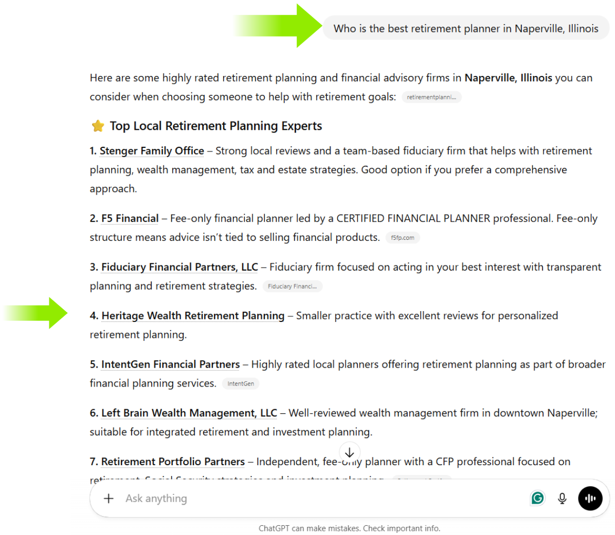 ChatGPT answer mentioning Heritage Wealth Retirement Planning