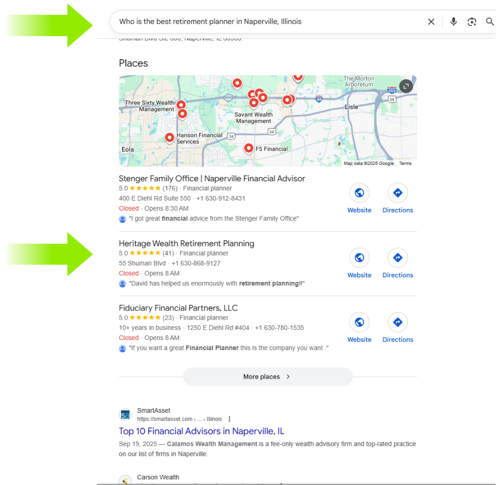 Heritage Wealth Retirement Planning appearing in the Google local pack