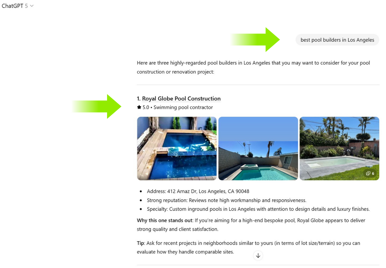 ChatGPT recommending Royal Globe Pool Construction