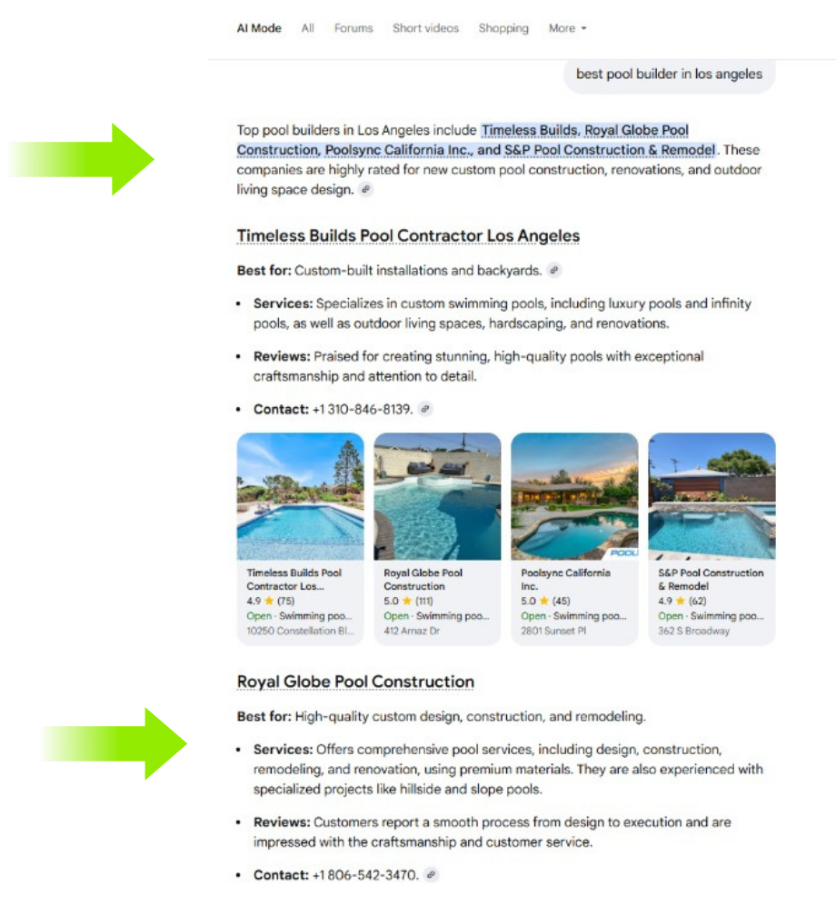 Google AI Mode mentioning Royal Globe Pool Construction