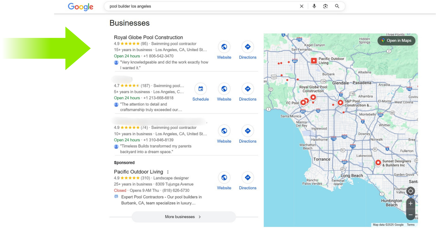 Royal Globe Pool Construction appearing in the Google local pack