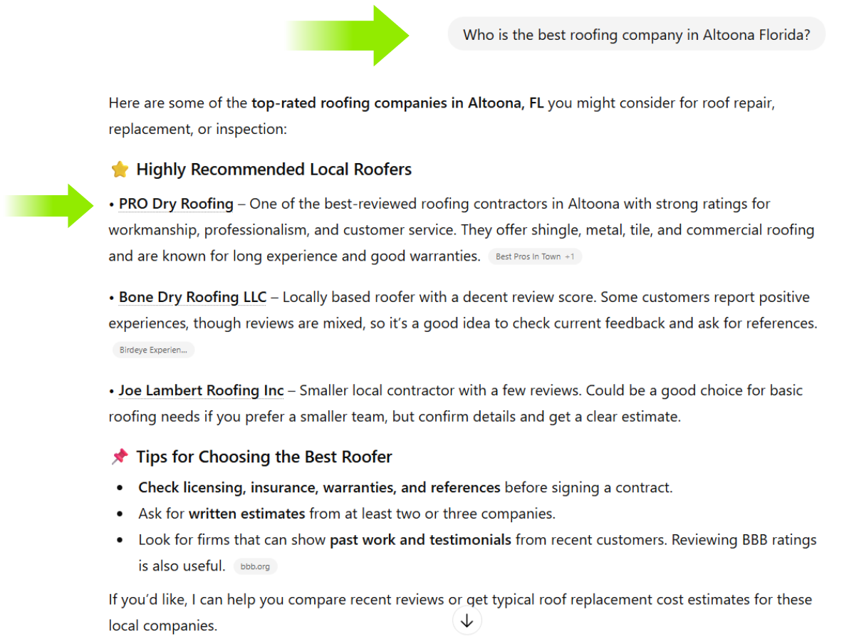 ChatGPT recommending PRO Dry Roofing