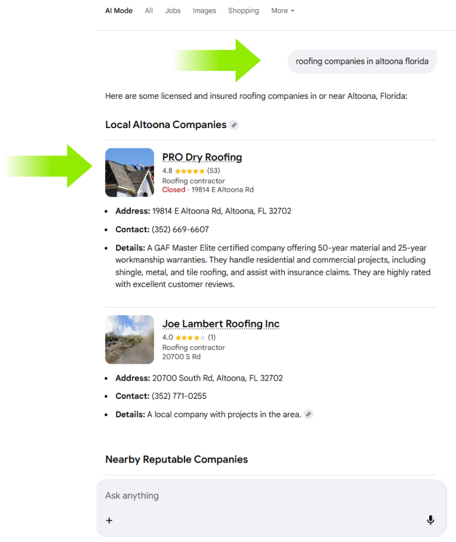 Google AI Mode featuring PRO Dry Roofing