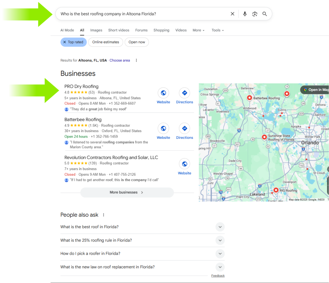 PRO Dry Roofing appearing at the top of the Google local pack