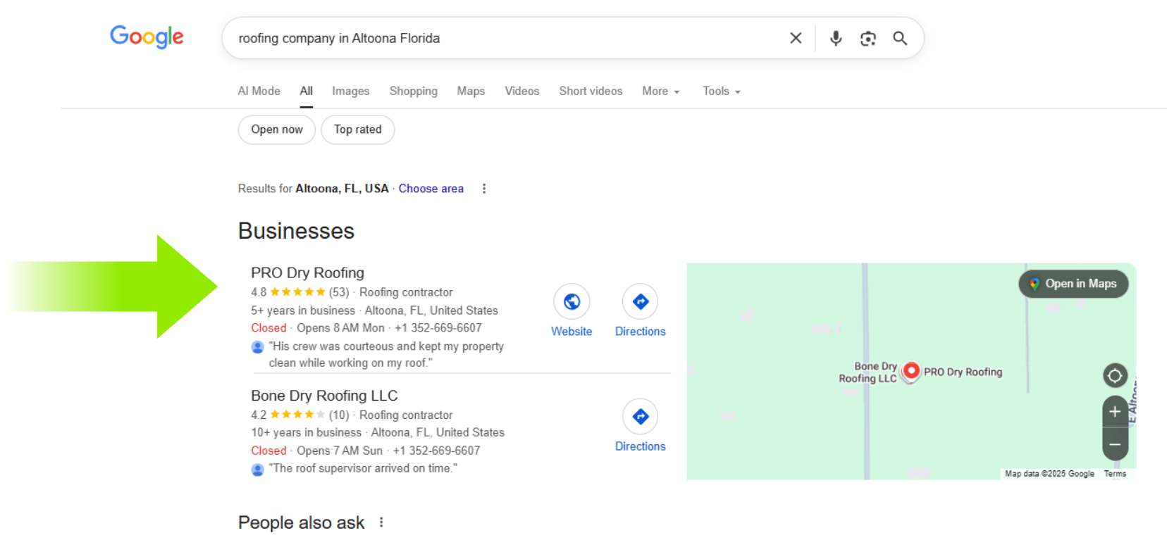 PRO Dry Roofing appearing in the Google local pack for best roofing company in Altoona