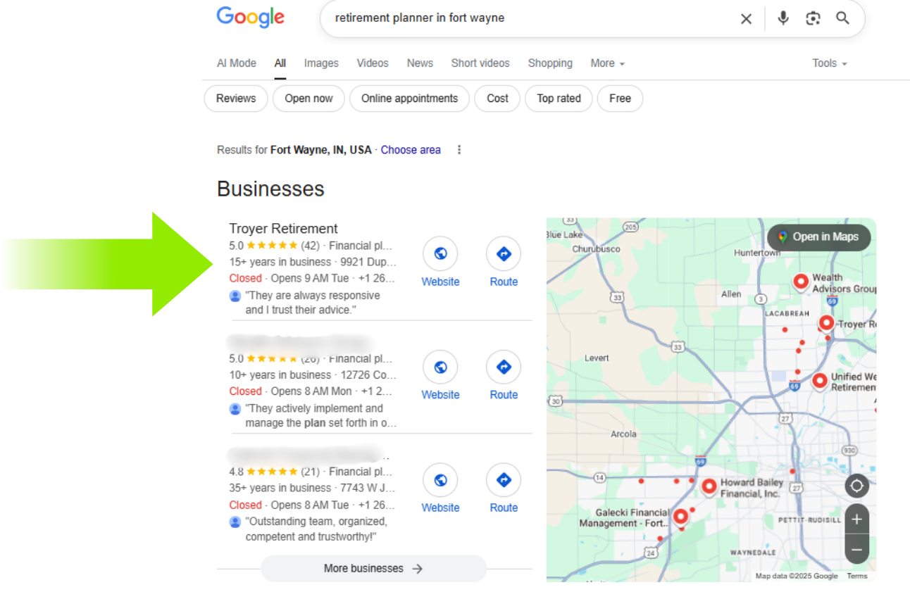 Troyer Retirement appearing in the Google local pack