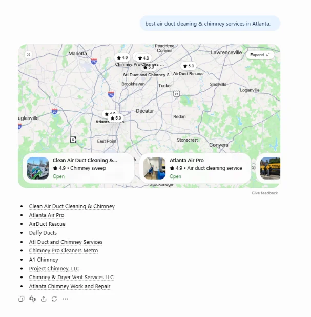 ChatGPT listing Clean Air Duct Cleaning & Chimney first for Atlanta