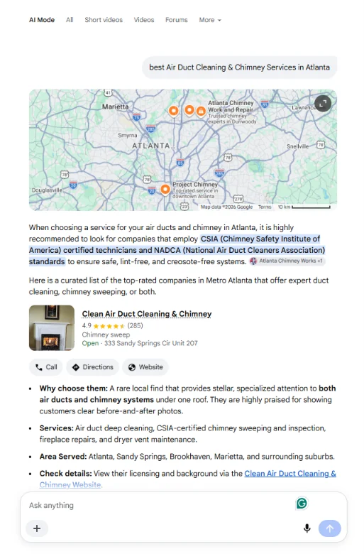 Google AI Mode featuring Clean Air Duct Cleaning & Chimney for Atlanta