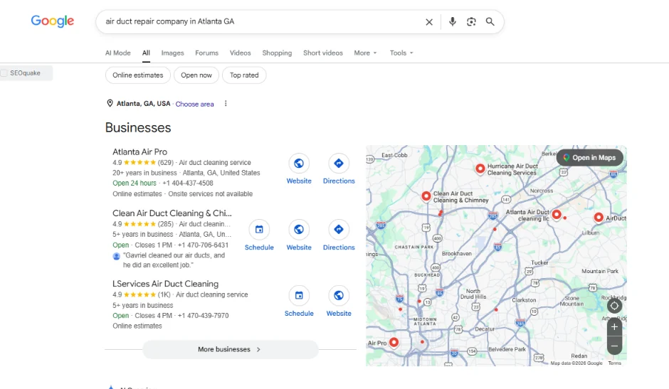 Clean Air Duct Cleaning & Chimney in the Google local pack for air duct repair company in Atlanta GA