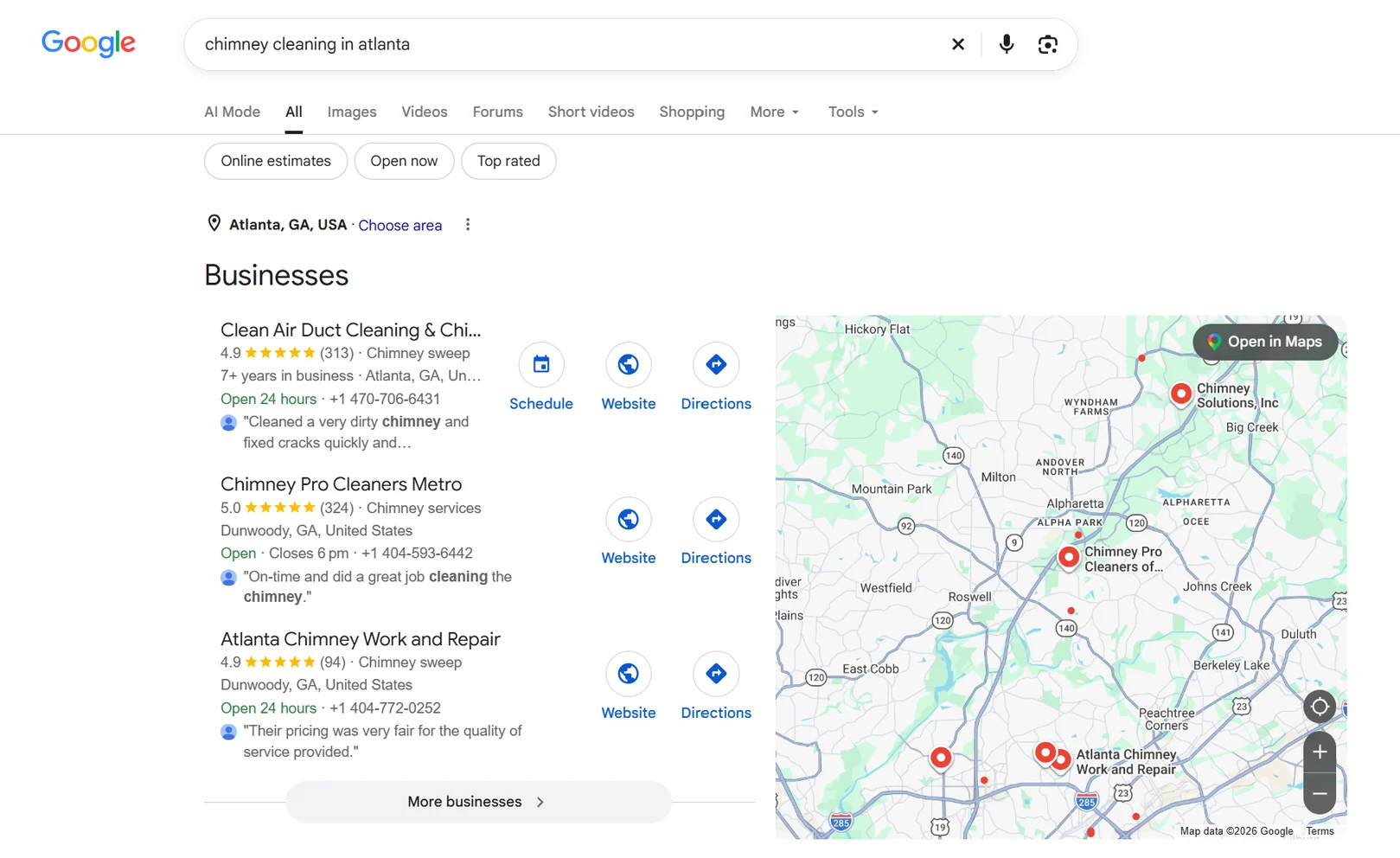Clean Air Duct Cleaning & Chimney ranking first in the Google local pack for chimney cleaning in Atlanta
